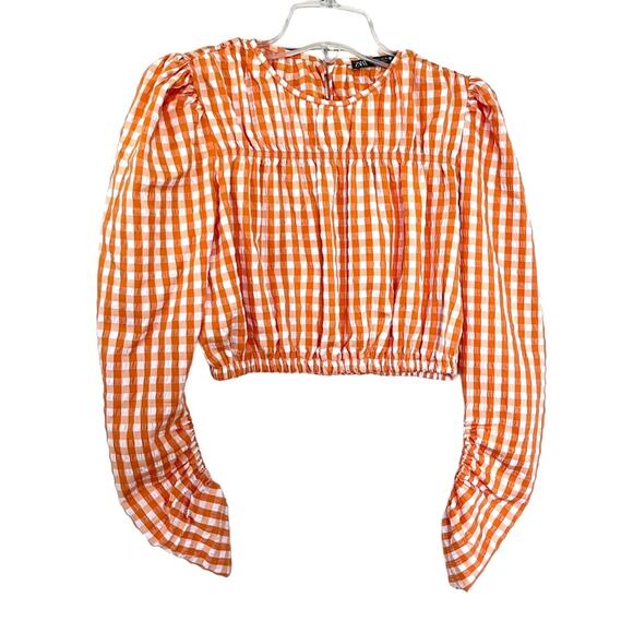 ZARA orange white gingham check crop top blouse size Small - Picture 3 of 10